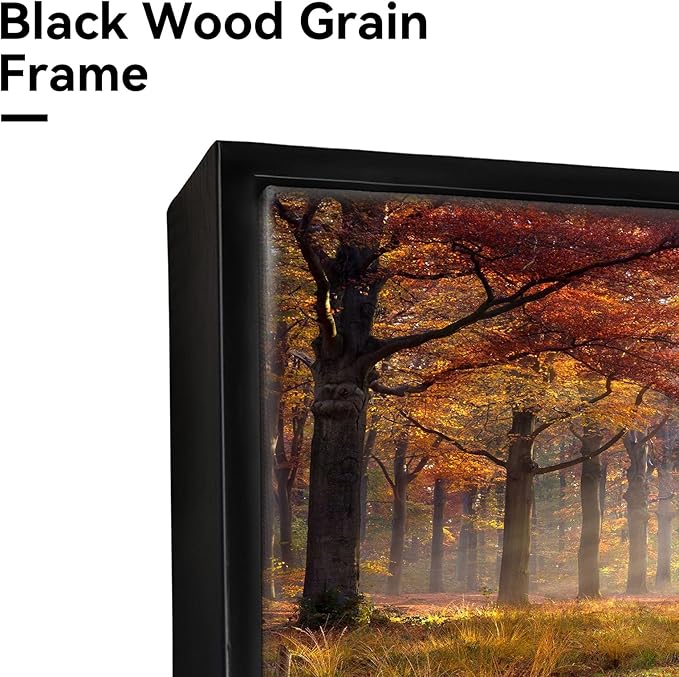 Sunset Forest Framed Wall Art - Yellow Landscape Canvas Picture Woodland Painting Nature Tree Scenery Artwork Prints for Bedroom Living Room