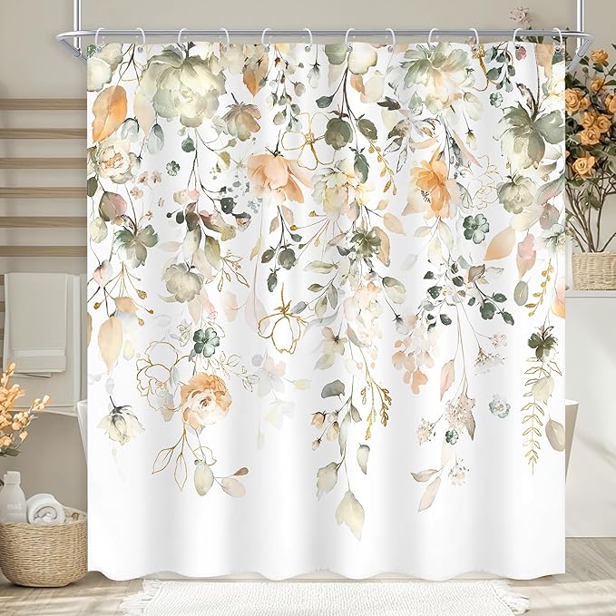 Green Yellow Floral Shower Curtain 72Wx72L Inch Summer Watercolor Sage Flower Eucalyptus Leaves Botanical Country Pretty Bathroom Set Plant Bath Curtain Bathtub Accessories Home Decor