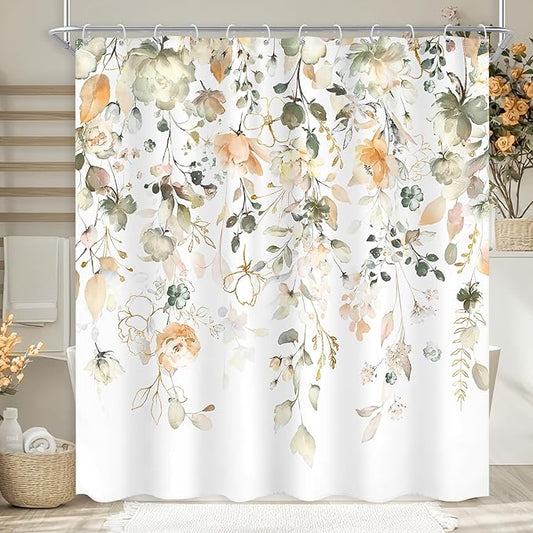 Green Yellow Floral Shower Curtain 72Wx72L Inch Summer Watercolor Sage Flower Eucalyptus Leaves Botanical Country Pretty Bathroom Set Plant Bath Curtain Bathtub Accessories Home Decor