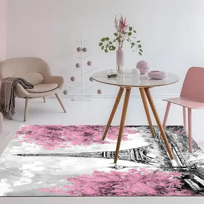 kxry 5 * 7 Feet Pink and White Paris Eiffel Tower Soft Area Rugs for Kids Girls Women Couple Lover Flower Floor Carpet for Living Room Bedroom Dorms Nursery Rooms Home Decor Aesthetic