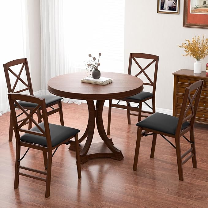 COSTWAY Folding Dining Chairs Set of 4, Upholstered Wooden Dining Room Chairs with X-Shaped Back, 400LBS Capacity and Solid Wood Frame for Kitchen Apartment (Brown & Black)
