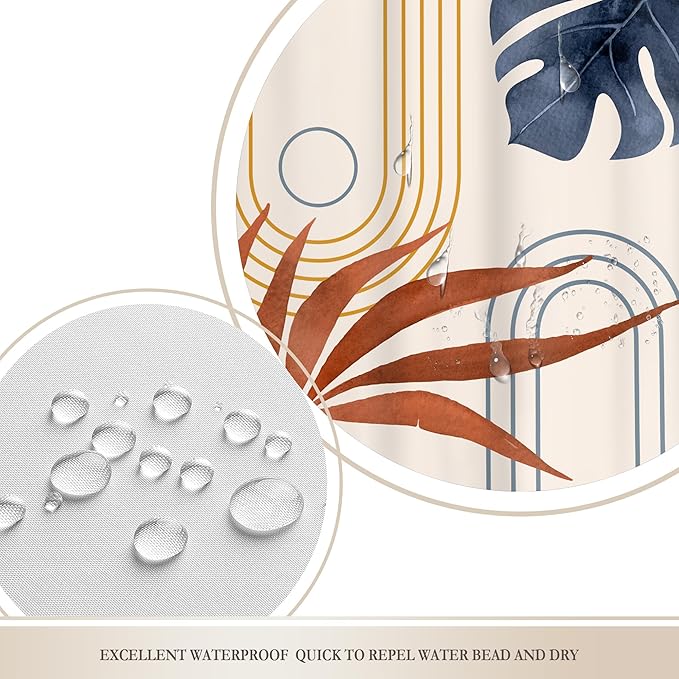 Glawry Abstract Tropical Shower Curtain Watercolor Navy Blue Brown Boho Palm Leaf Simple Minimalist Chic Bathroom Modern Botanical 60Wx72L Inches Bath Accessories Art Home Decor Fabric 12 Pack Hooks