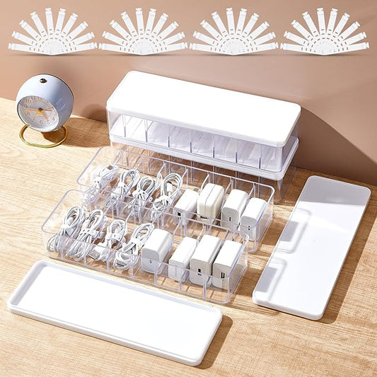 Tatuo 6 Pcs Cable Organizer Box with Wire Ties, Plastic Cord Storage Box with Lid, Electronics Organizer for Home Office Desk Organizers and Accessories (10.79'' X 3.78'' X 1.97'',Clear,White)