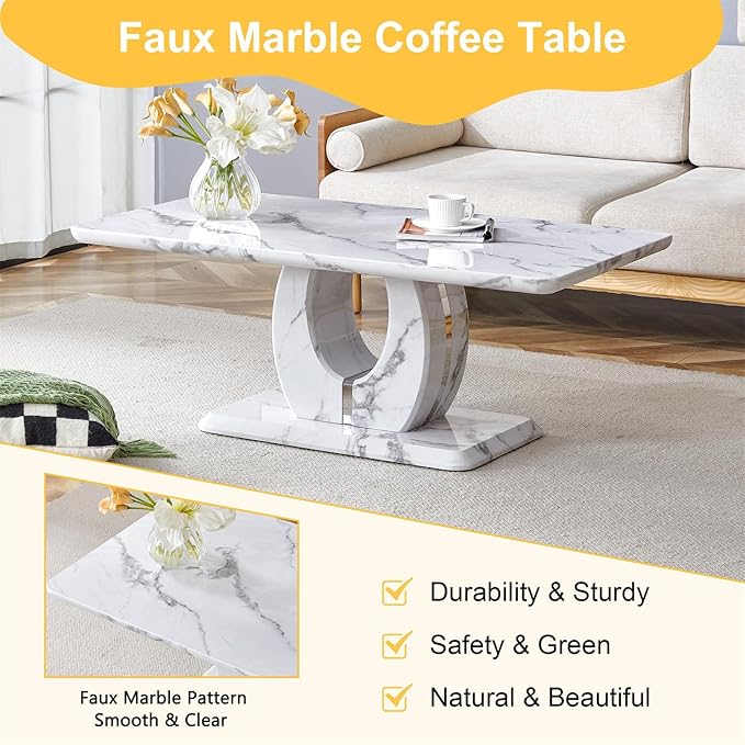 LKTART Rectangle Coffee Table for Living Room, Imitation Marble Coffee Tables with Storage, Modern Stable Base Center Tea Table for Dining Room Small Space Apartment (43.3''L×22.4''W-White)