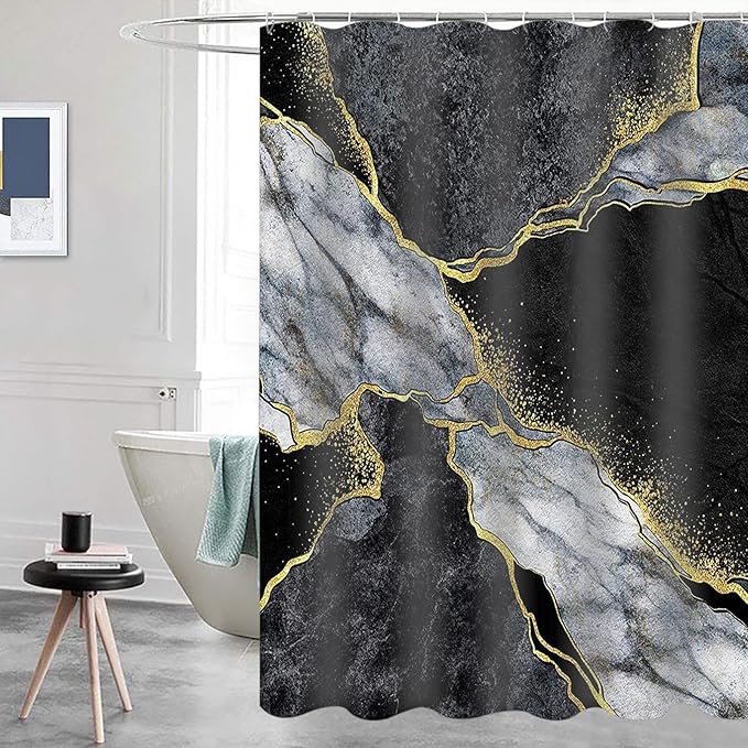 Domoku Black Gold Marble Shower Curtain, Modern Abstract Shower Curtain for Bathroom Decor, Waterproof Washable Fabric, 72 X 84