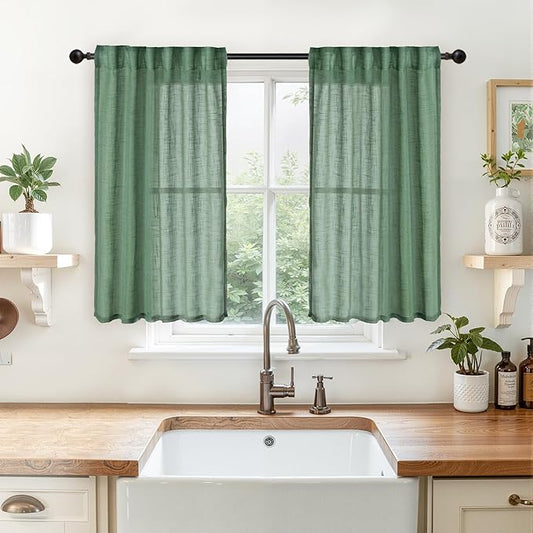 YoungsTex Green Linen Cafe Curtains 40 Inches Long 2 Panels, Small Drapes Light Filtering with Rod Pocket Back Tab for Bathroom Kitchen Window, 34 X 40 Inch