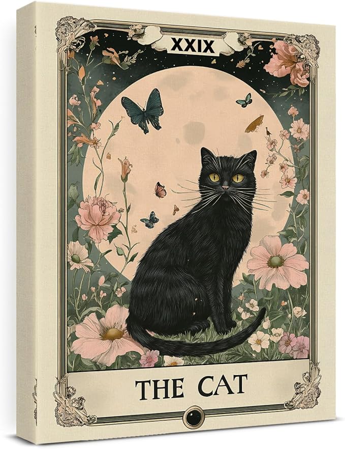 Aesthetic Cat Tarot Wall Art Decor Witchy Cat Moon Flowers Tarot Card Canvas Print Poster Framed Painting Wall Decorations for Home Living Room Bedroom 11x15 Inch, Mystical Cats Lover Gifts