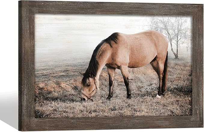 Horse Wall Art Decor Bedroom: Wild Animal Wood Framed Picture Brown Horse on Grassland Print Artwork Vintage Wildlife Painting for Farmhouse Living Room Kitchen