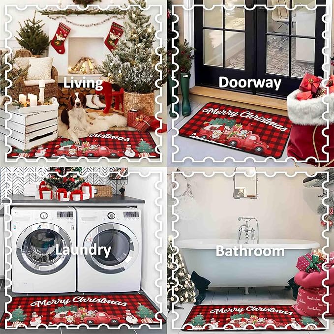 Buffalo Plaid Red Truck Christmas Kitchen Rugs 2 PCS, Merry Christmas Kitchen Rug, Non Skid Washable Soft Comfort Kitchen Rugs Set (17"x47"+17"x30",Merry Christmas)