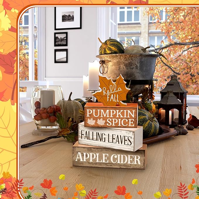 4 Pcs Fall Decor Wooden Maple Leaf Decoration Fall Tiered Tray Decor Rustic Wooden Maple Leaf Block Sign Gift Thanksgiving Table Centerpiece Farmhouse for Autumn Harvest Party Home Kitchen