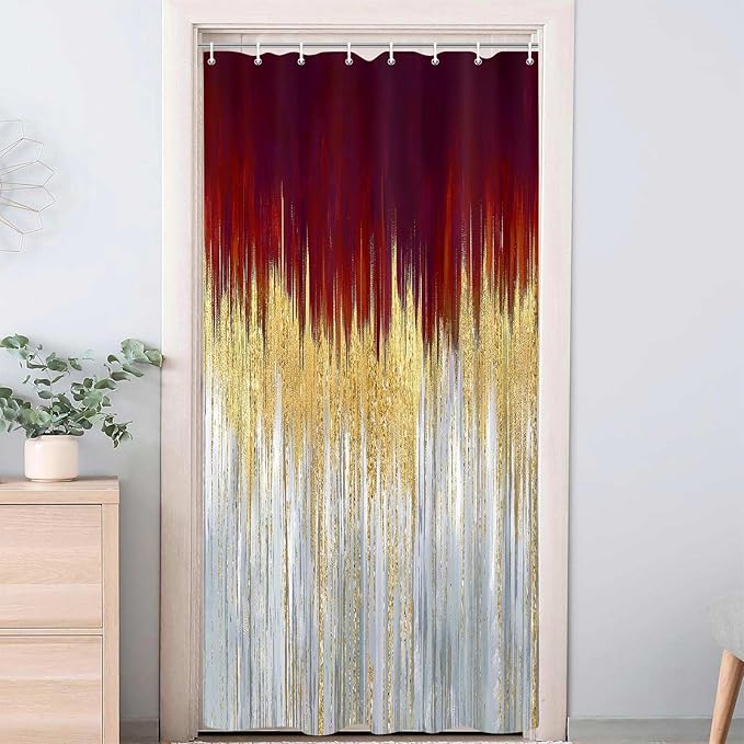 JAWO Abstract Dark RedSh ower Curtain, Gold Blue Boho Ombre Minimalist Chic Art Shower Curtains, Modern Neutral Contemporary Striped Brush Strokes Tan Art Waterproof Bathroom Curtain with 12 Hooks