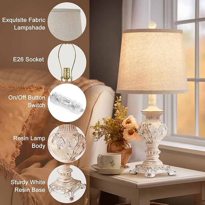 21'' Small Table Lamps for Bedroom Bedside Lamps Set of 2 Farmhouse Nightstand Lamps with Carved Floral Vintage Side Table Lamps for Living Room Kids Office, White, Bulb Not Include