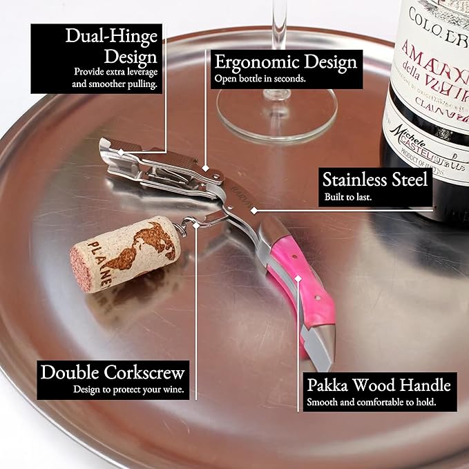 Barvivo Wine Opener with Foil Cutter and Cap Remover - Double Hinged Corkscrew for Bartenders - Stainless Steel Wine Key for Easy Bottle Opening - Manual Wine Bottle Opener - Pink Resin, 4.7x1.2-Inch