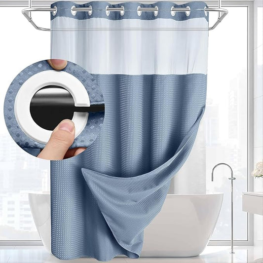 YellyHommy No Hook Shower Curtain with Snap in Liner Set Less Waffle Shower Curtain for Bathroom (Sky Blue, 87" L x 72" W)