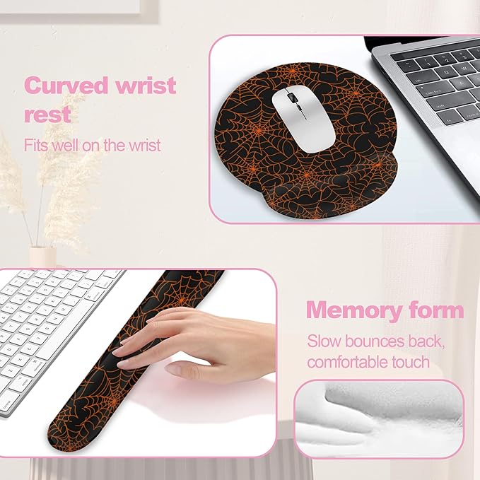 Halloween Spider Web Ergonomic Wrist Support Keyboard Mouse Wrist Rest Set, Computer Office Comfortable Wrist Rest for Mouse Easy Typing
