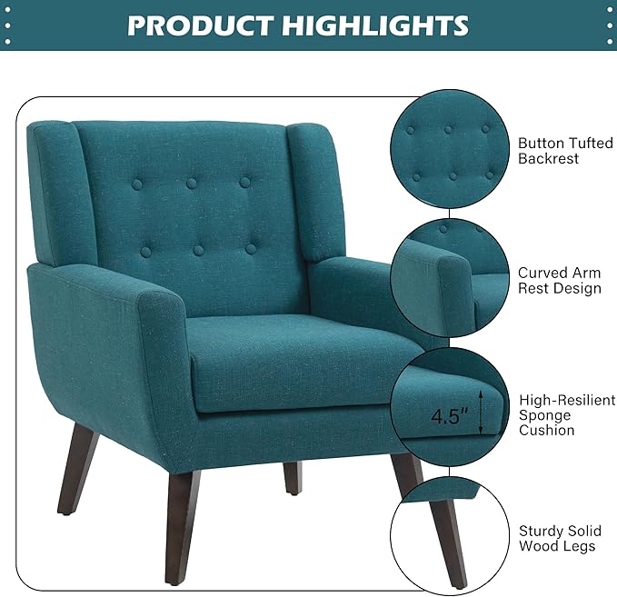 UIXE Accent Chair Modern Arm Chair, Mid Century Upholstered Club Armchair, Comfy Single Lounge Sofa Living Room Button Tufted Armrest Reading Seat Bedroom Side Seating, Turquoise Blue