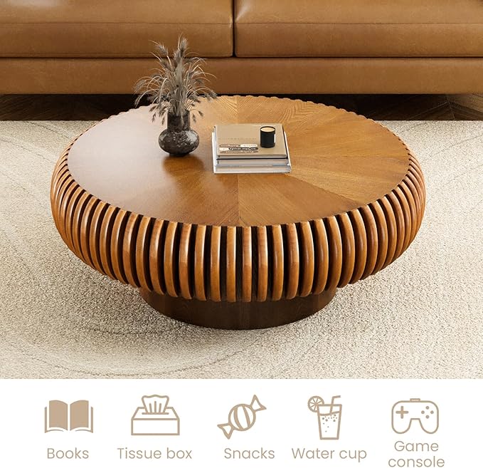 Fluted Drum Coffee Table Round Coffee Table for Living Room Mid Century Modern Coffee Tables with Sturdy Pedestal Circle Center Tea Table Accent Tea Table for Small Space Apartment (31.5" Brown)