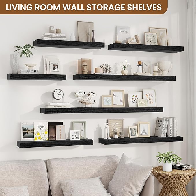 fuqing Floating Shelves for Wall, Bathroom Shelf Wall Mounted for Storage, Shelves with Invisible Bracket for Bedroom, Kitchen, Living Room, Farmhouse Small Book Shelf, 48 Inch Set of 2, Black