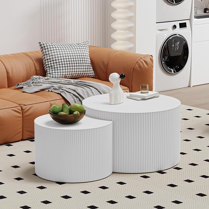 Round Coffee Table Set of 2 Modern Nesting Coffee Tables Wooden Drum Coffee Tables with Non-Slip Feet, Circle Nesting Tables End Table for Living Room Office, No Assembly (Cream 18.9"+14.96")