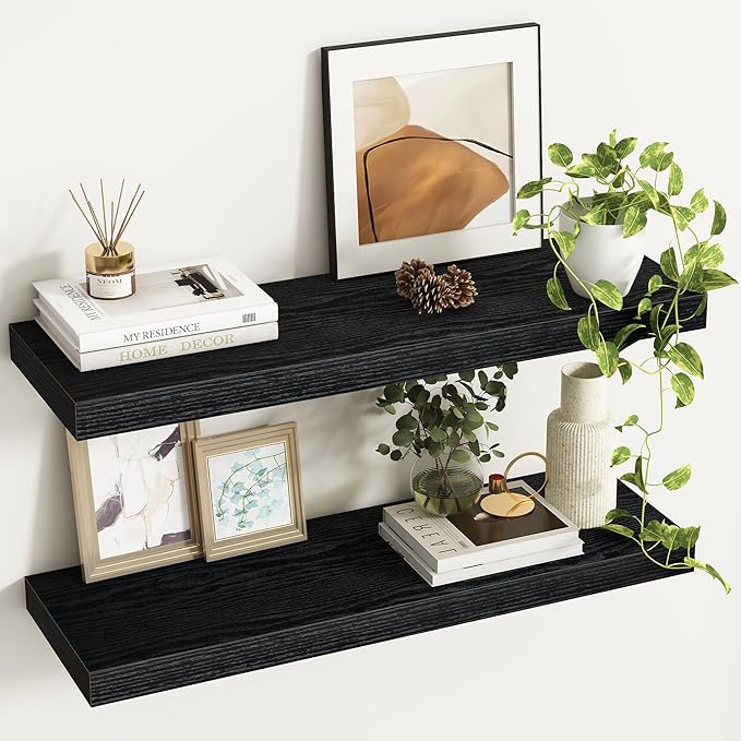 Fun Memories 32Inch Floating Shelves, 9.3Inch Deep Rustic Wall Shelves - Extra Deeper & Thicker Wall Mounted Storage Shelf for Kitchen, Farmhouse - Set of 2 - Rustic Black