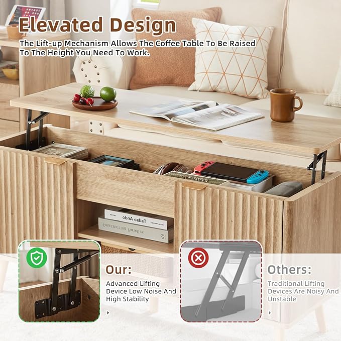 LEYAOYAO 48" Fluted Lift Top Coffee Table with Hidden Storage & Adjustable Shelves, Lifting Tabletop Large Rectangular Coffee Tables, Mid Century Modern Wood Center Table for Living Room, Natural