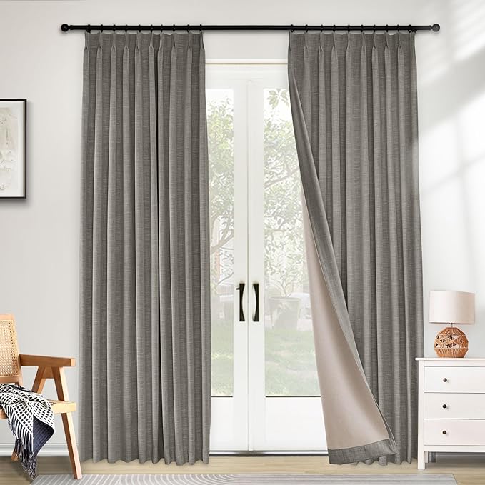 Macochico 100% Blackout Curtains 96 Inches Long Pinch Pleated Linen Curtains for Bedroom Living Room Farmhosue Nursery Thermal Blackout Window Treatments with Tieback Smoke Grey 52" Wx96 L 1 Panel