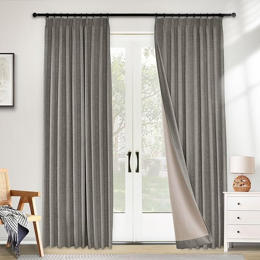 Macochico Linen Blackout Curtains 96 Inches Long Pinch Pleated Drapes with Hooks Thermal Blackout Curtains for Living Room Bedroom Nursery Kids Room with Tieback Smoke Grey 72" Wx96 L 1 Panel