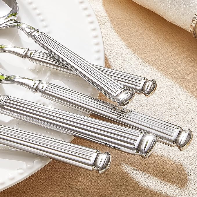 KINGSTONE Silverware Set, 20-Piece 18/10 Stainless Steel Flatware Set - Roman Column Embossed Thick Handle, for Wedding, Home, Restaurant, Kitchen and Party, Mirror Polish & Dishwasher Safe