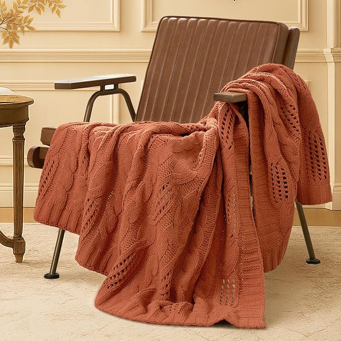 Amélie Home Chunky Knit Throw Blanket, Dual-Sided Soft Chenille Breathable Cable Knitted Blanket for Couch, Farmhouse Decorative Throw for Sofa & Chair, 60"x80", Burnt Orange