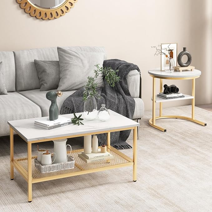 GOFLAME Nesting Coffee Table Set of 2, 2 PCS Nesting Tables with Faux Marble Top and Extra Storage Shelf, Modern Round End Table & Rectangular Coffee Tables for Living Room, Bedroom, Gold+White