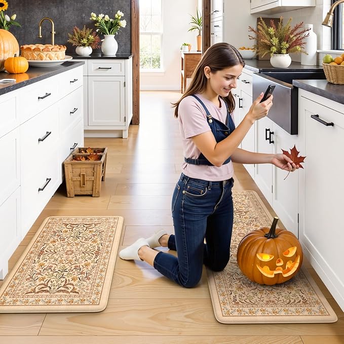 Collive Kitchen Mats for Floor, Cushioned Anti Fatigue Mat Non Skid Waterproof Kitchen Rugs Set of 2, Fall Orange Floral Comfort Standing Rug for Sink, Laundry, Home Decor, 17"x29"+17"x47"