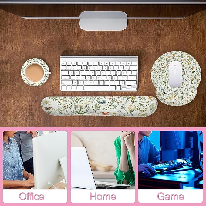 Wildflowers Butterfly Mouse Pad with Wrist Rest and Keyboard Wrist Rest Set, Vintage Garden Plants Herb Flower Non-Slip Rubber Base Memory Foam Mouse Pad Set for Women, Office Desk Accessories, Gaming