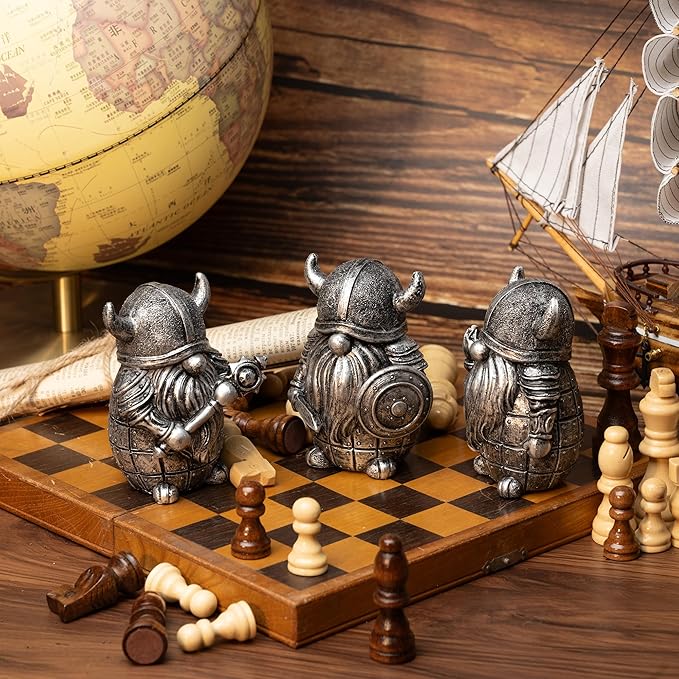 3PCS Viking Warrior Gnome Figurines Set-Viking Decor Home Ornament Mini Gnomes for Table,Shelves,Cabinet (Silver)
