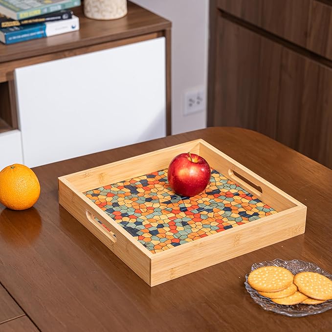 PEMAR 12.2" Square Bamboo Art Decor Tray with Handle, Food Drink Serving Tray for Breakfast Lap Bed Eating. Pattern Printed on Bamboo. Decorative Catchall Coffee Table Entryway Nightstand (Mosaic)
