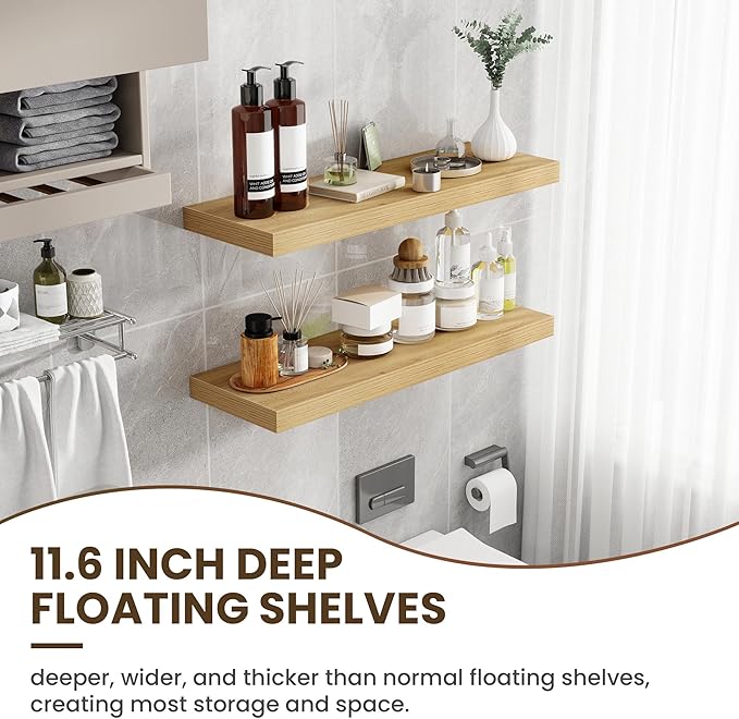 36 Inch Floating Shelves, 12 Inch Deep Floating Shelves for Wall, Floating Shelf with Invisible Brackets, Deep Shelves for Bathroom, Bedroom, Living Room, 2 Pack, Natural