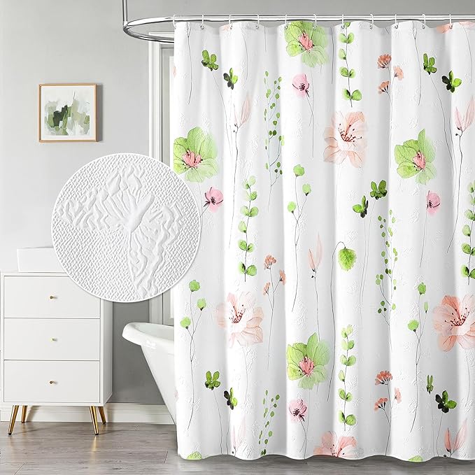 QiyI Watercolor Floral Shower Curtain, 3D Embossed Butterflies Green Pink Flower Bathroom Curtain, Minimalist White Cloth Bath Curtain, Waterproof Fabric Textured Shower Curtain Set with Hooks, 72x72