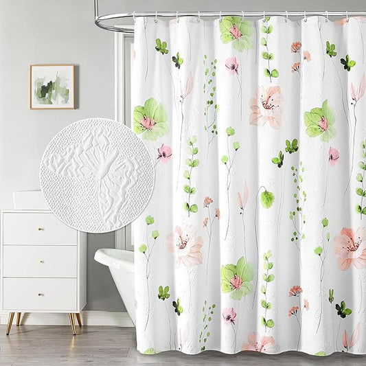 QiyI Watercolor Floral Shower Curtain, 3D Embossed Butterflies Green Pink Flower Bathroom Curtain, Minimalist White Cloth Bath Curtain, Waterproof Fabric Textured Shower Curtain Set with Hooks, 72x72