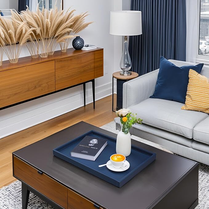 20x14 Inch Rectangular Ottoman Tray | Textured PU Leather, Waterproof & Heat-Resistant Storage for Coffee/Dining Tables, Sofa, Bed, Entertainment & Party (Navy Blue, 20 * 14in)
