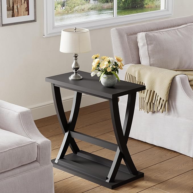 ChooChoo Black End Table, Narrow Side Table with Storage Shelf, Modern X-Design Slim End Table for Living Room,Bedroom, Small Space, 11.8" D*23.6" W*23.4" D