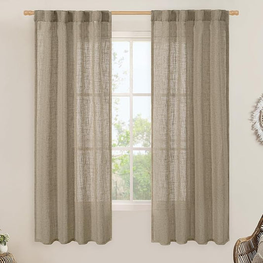 LAMIT Linen Curtains 60 Inch Length 2 Panels, Light Filtering Panels Back Tab and Rod Pocket Neutral Drapes for Bedroom/Window/Living Room, Taupe, 34 x 60 Inch