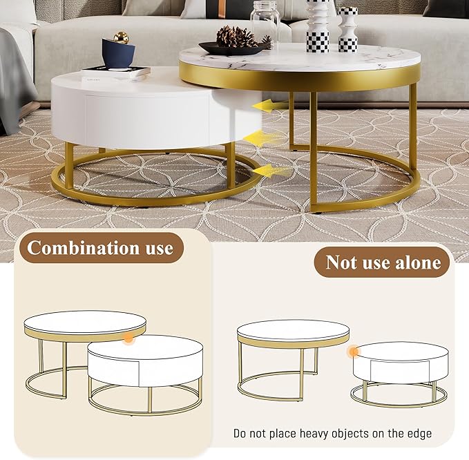 Modern Round Nesting Coffee Table with Drawers for Living Room in White