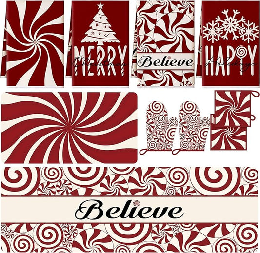 10 Pcs Christmas Kitchen Decor Set Kitchen Towels and Rugs Oven Mitts Pot Holders Absorbent Towels for Baking Cooking BBQ Gifts Home Decor(Red,Christmas Peppermint Candy)