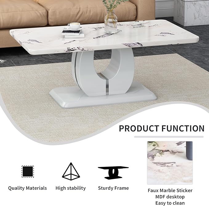 LKTART Rectangle Coffee Table for Living Room, Imitation Marble Coffee Tables with Storage, Modern Stable Base Accent Center Tea Table for Small Space Apartment (43.3''L×22.4''W-White,Grey)