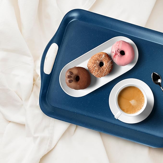 KINGEN 2-Pack Navy Blue Bamboo Fiber Serving Trays - 18×13-inch Extra Large w/Handles Tray, Platters for 4th of July, Christmas, BBQ, Picnic, Outdoor Dining - Durable, Lightweight (Classic Blue)