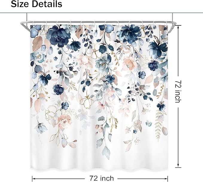 Blue Floral Flower Shower Curtain, Navy Flower Shower Curtain, Pastel Watercolor Plant Eucalyptus Leaf Girly Botanical Rustic Country Pretty 72Wx72L Inch Bath Bathtub Set Accessories Home Decor