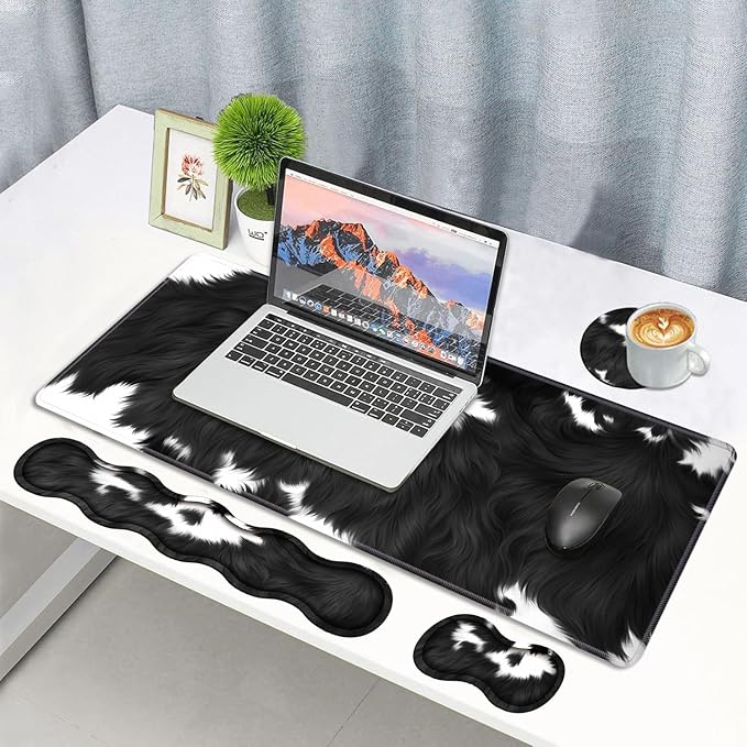 4 in 1 Ergonomic Memory Foam Mouse Pad Wrist Rest Set, Large XXL Gaming Desk Pad + Keyboard Wrist Rest + Mouse Wrist Cushion + Coaster for Home Office Study Gaming, Black and White Cow Print