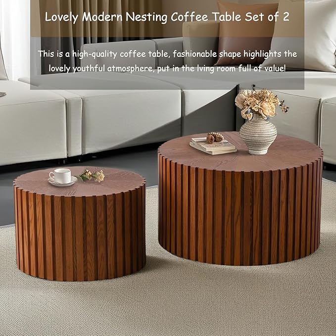 Modern Round Nesting Coffee Table Set of 2, Vertical Stripe Design Drum Coffee Table Cocktail Table, Round Side Table for Living Room, Bedroom, Office, Balcony (J19.7+27.6")