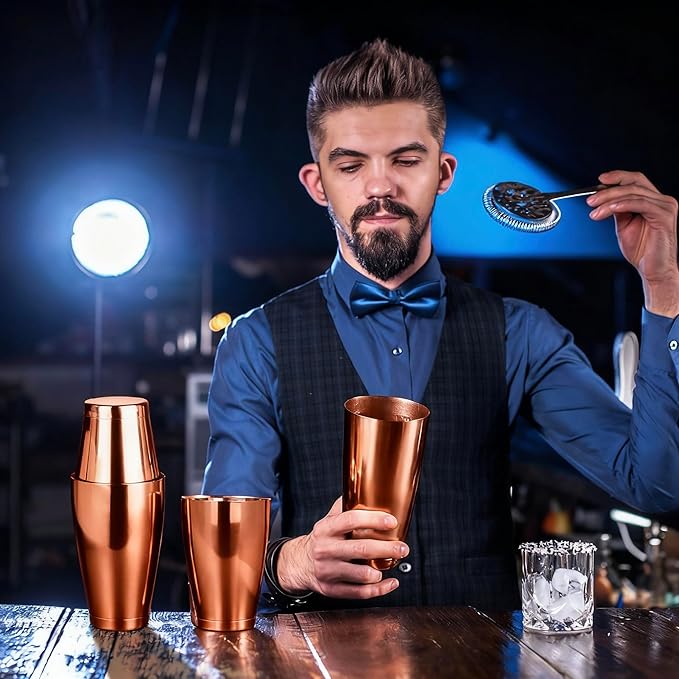 4 packs Bar Cocktail Boston Cocktail Shaker Martini Shaker Mixer Basic Tool Cocktail Set Stainless Steel Bar Shaker for Bartender (copper)