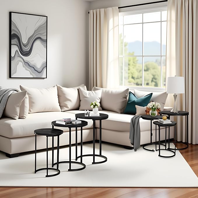 Lavish Home 6-Piece Nesting Table Set – Round Faux Marble Side & End Tables – Modern Space-Saving Accent Furniture for Living Room, Bedroom, Apartment, or Home Office (Black)
