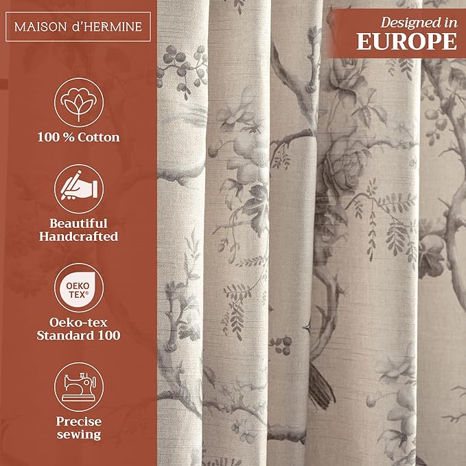 Maison d' Hermine Curtains for Living Room 100% Cotton 124 inch Length Two Panels Light Filtering Curtains for Bedroom Windows with Rod and Loop Pockets Drapes (Turin, 50" W x 124" L)